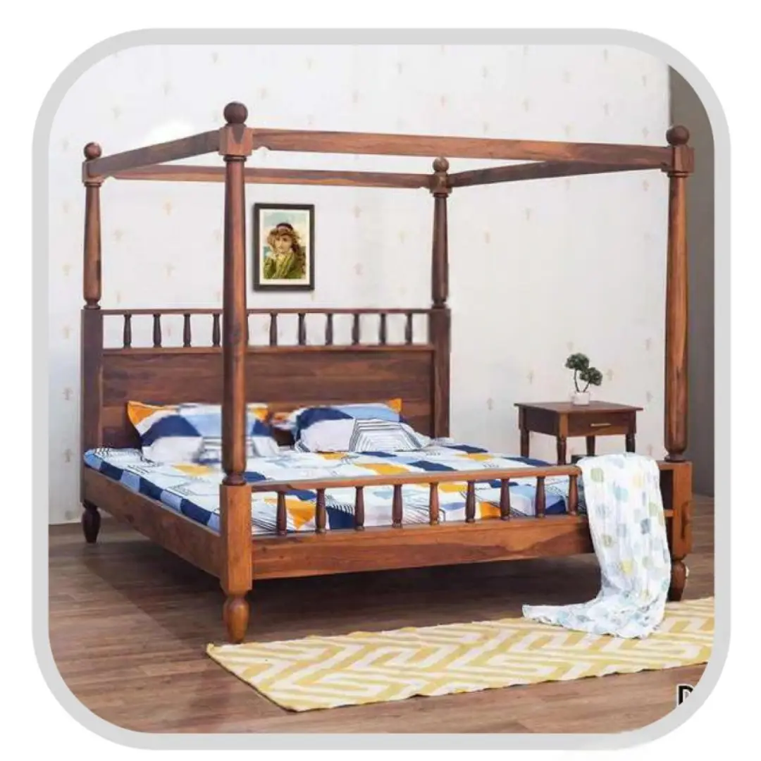 Honey Finish Solid Wood Poster Bed – Royal King Size Wooden Bed for Modern Indian Homes
